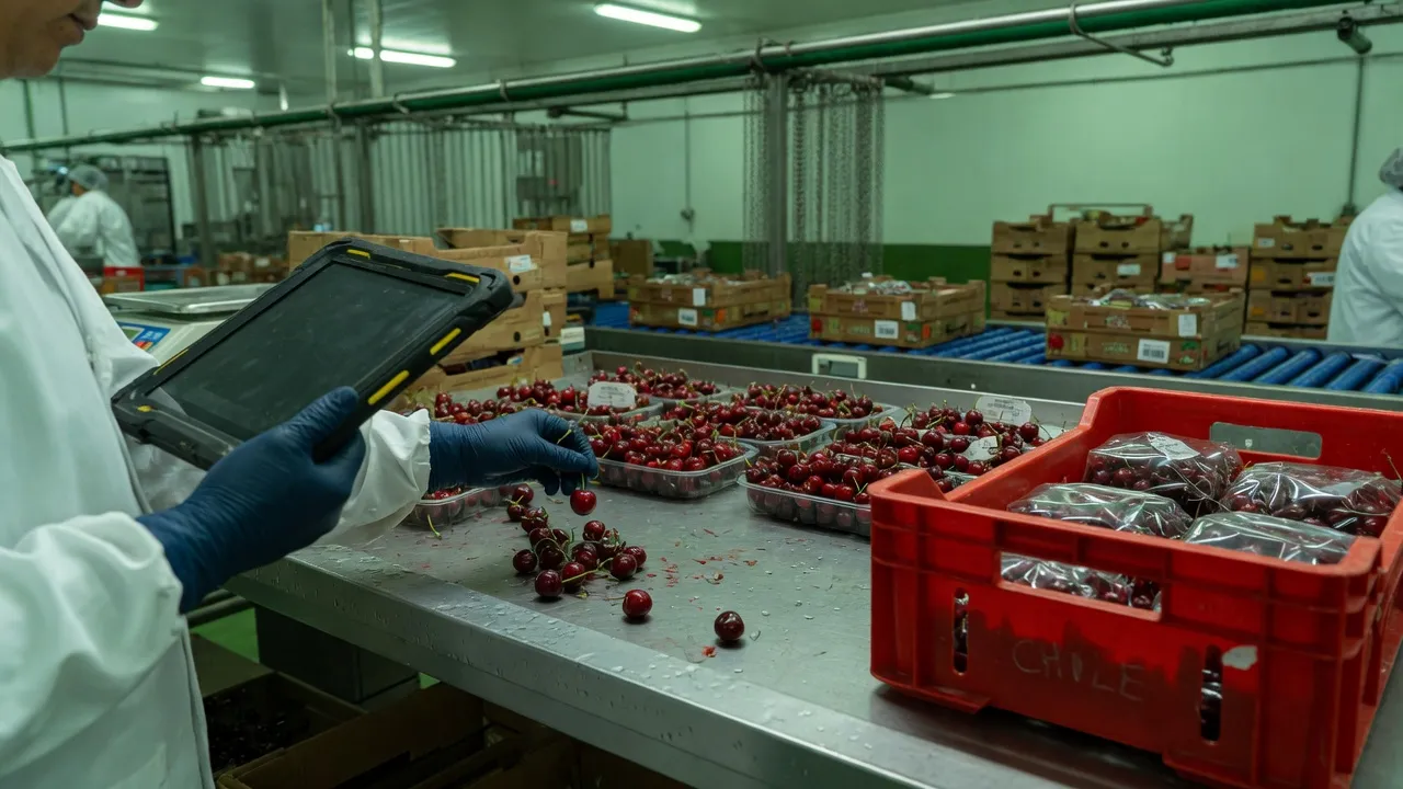 Tecnico revisando calidad de fruta en tablet